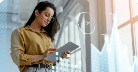 Professional reviewing project data on tablet
